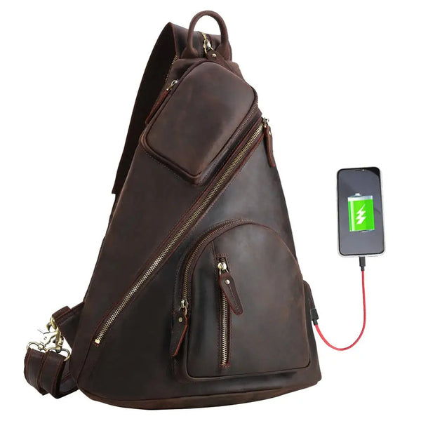 Tiding Mens  Leather Sling Chest BackPack USB Charging Crossbody Bag